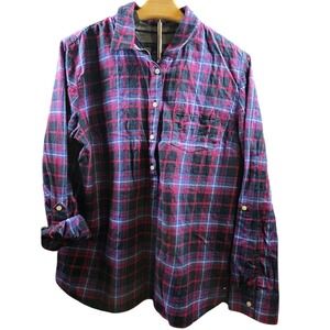 Tommy Hilfiger Womens XL Plaid Flannel Button Down Shirt Pink Blue Roll Tab Slve